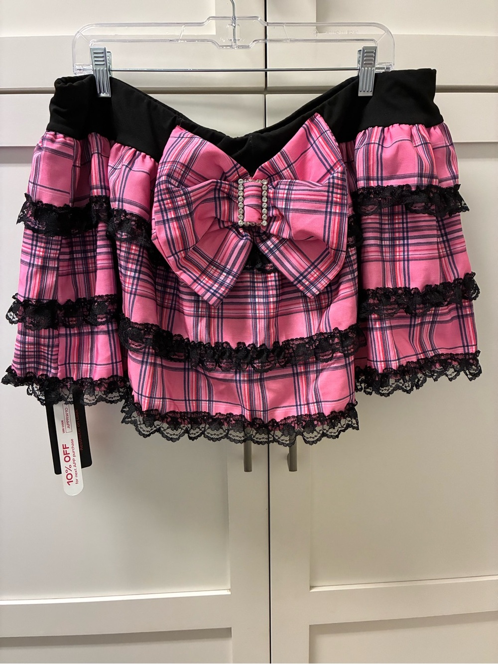 Romwe Women’s Pink Plaid Lace-Trim Mini Skirt with Bow Rhinestones 3X Sexy
